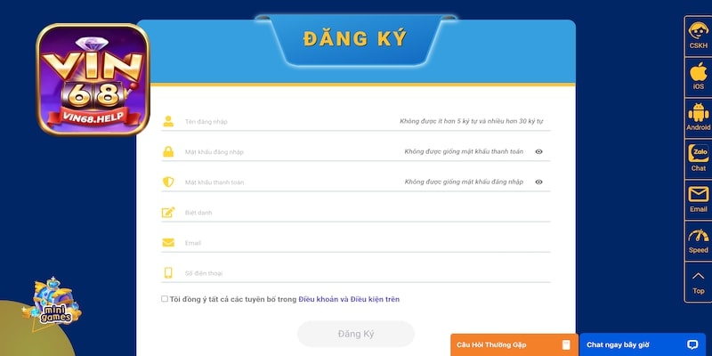 Hình ảnh biểu mẫu đăng ký Vin68