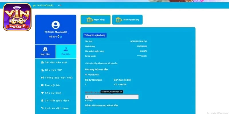 Hướng dẫn rút tiền Vin68 bằng ngân hàng